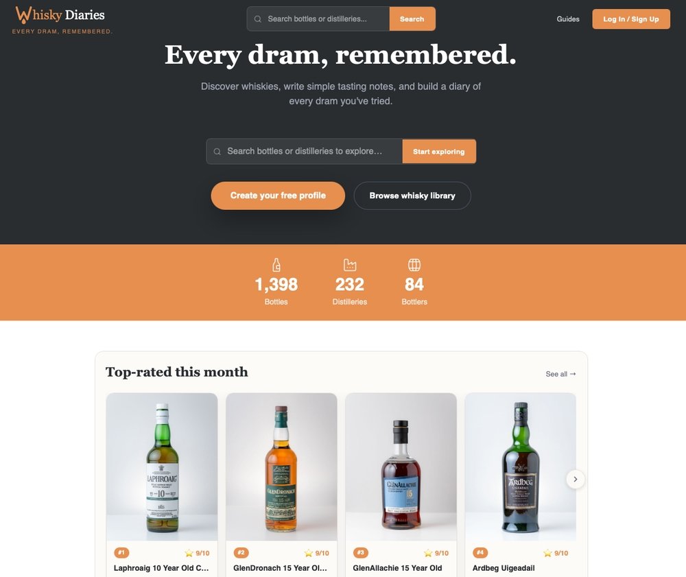 A screenshot of the Whisky Diaries web app