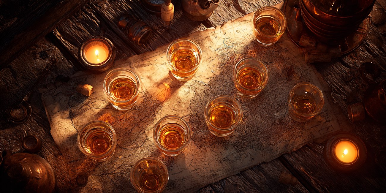 A map of Scotland dotted with nine drams, one for each episode of the series