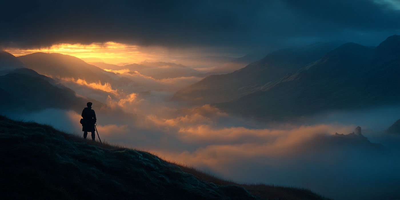 A lone Highlander standing on a hill, looking out over the Scottish landscape