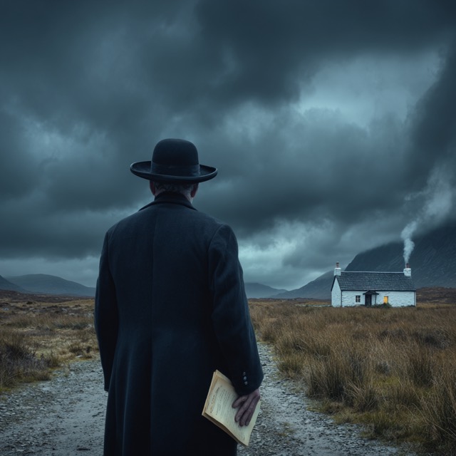 An excise officer walking ominously toward a remote Highland bothy