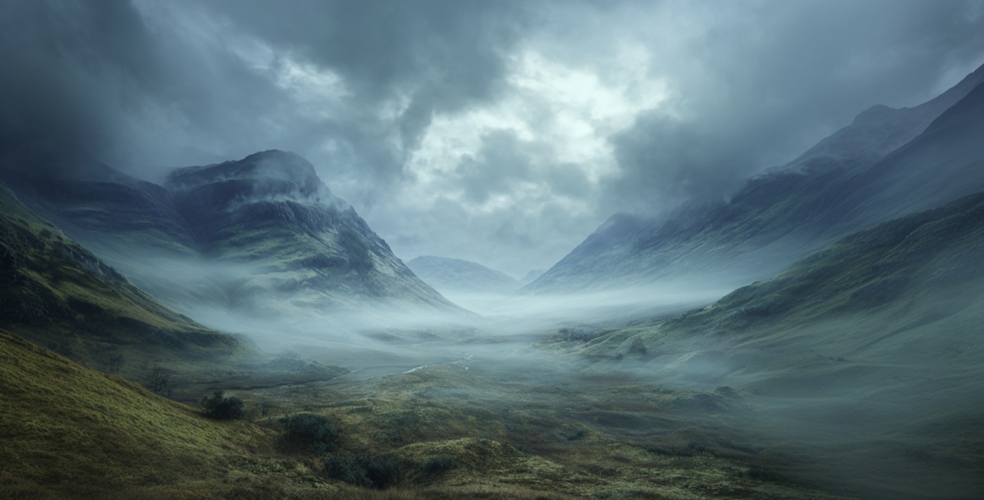 A moody Scottish Highland landscape at dawn, mist rolling over ancient hills