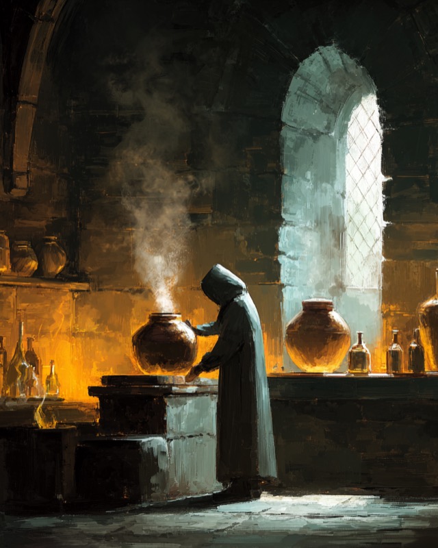 A medieval monk tending a copper pot still over a fire, bottles in the background