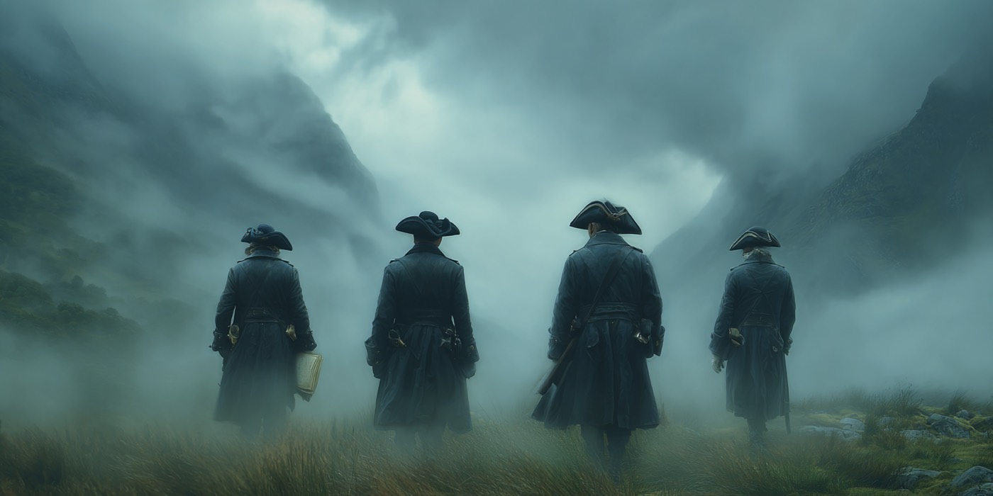 Four ominous excise officers walking across a foggy Scottish valley in the 1700s