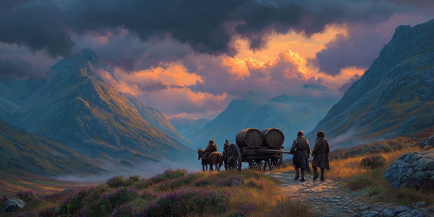 Smugglers moving casks of whisky through the mountains under cover of night