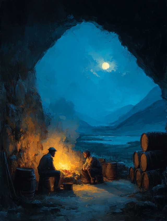 Smugglers hiding casks of whisky by candlelight in a cave