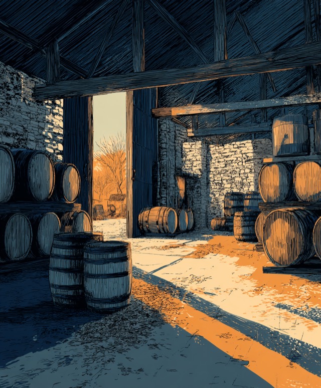 Rows of whisky barrels maturing in a Speyside warehouse