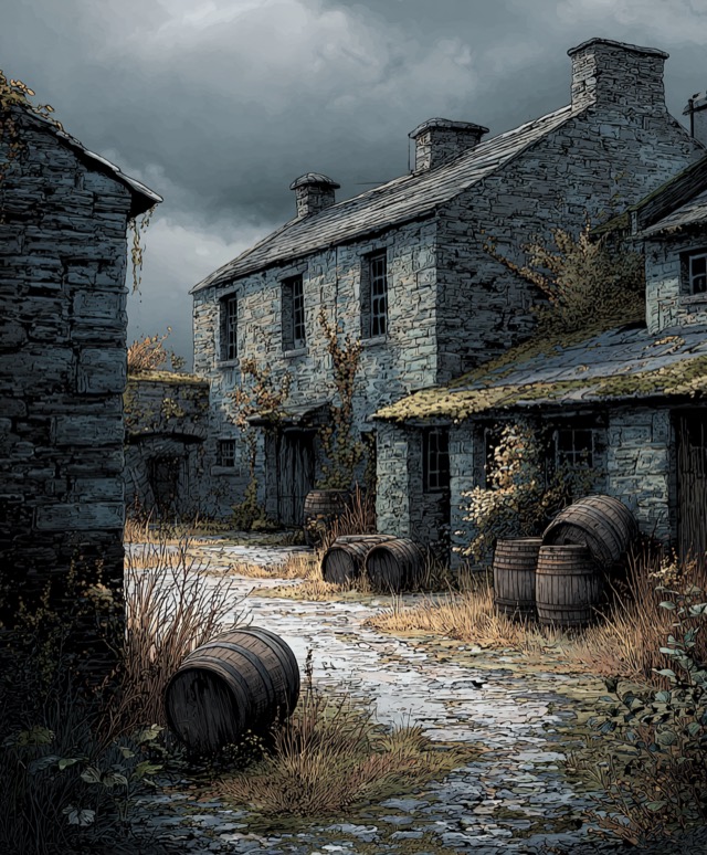 A desolate, shuttered distillery during the Great Depression